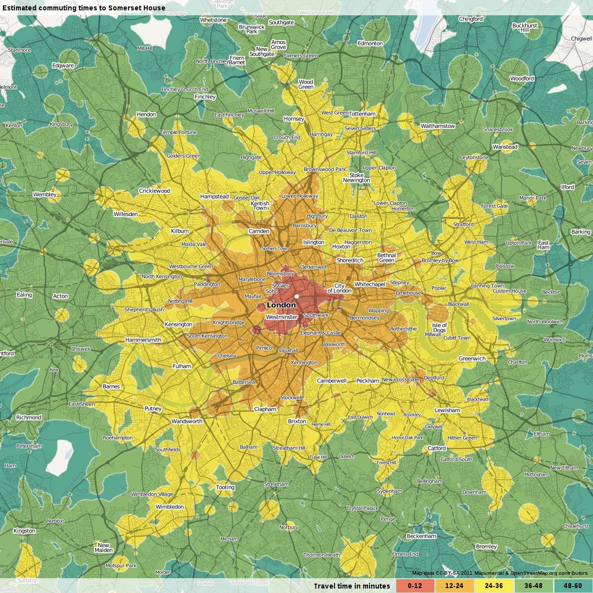 Map of travel times to Somerset House in London from surrounding area.