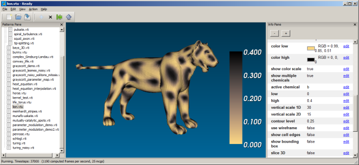 Screenshot of Ready 0.3, showing a simulation of a reaction-diffusion system on a lion's fur