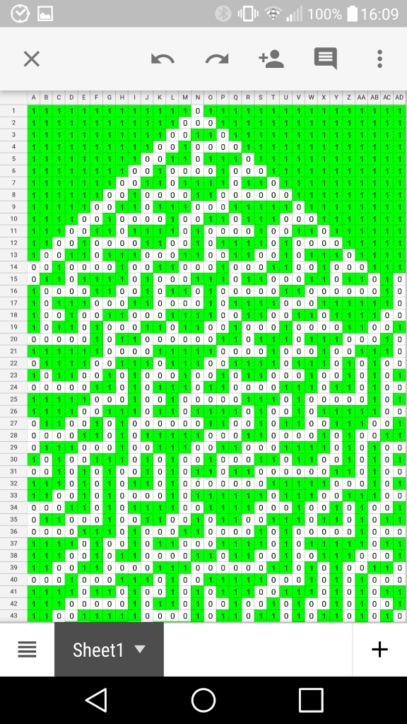 Screenshot of a spreadsheet on my phone, showing white and green cells in a cellular automaton pattern