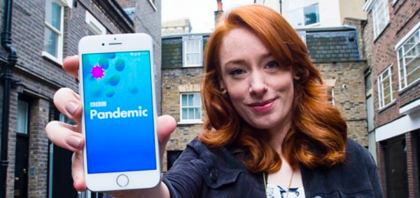 Hannah Fry showing off the Pandemic mobile app