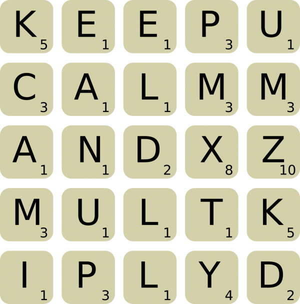 5 by 5 grid of Scrabble tiles reading "K E E P U C A L M M A N D X Z M U L T I P L Y D"