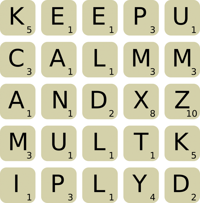 5 by 5 grid of Scrabble tiles reading