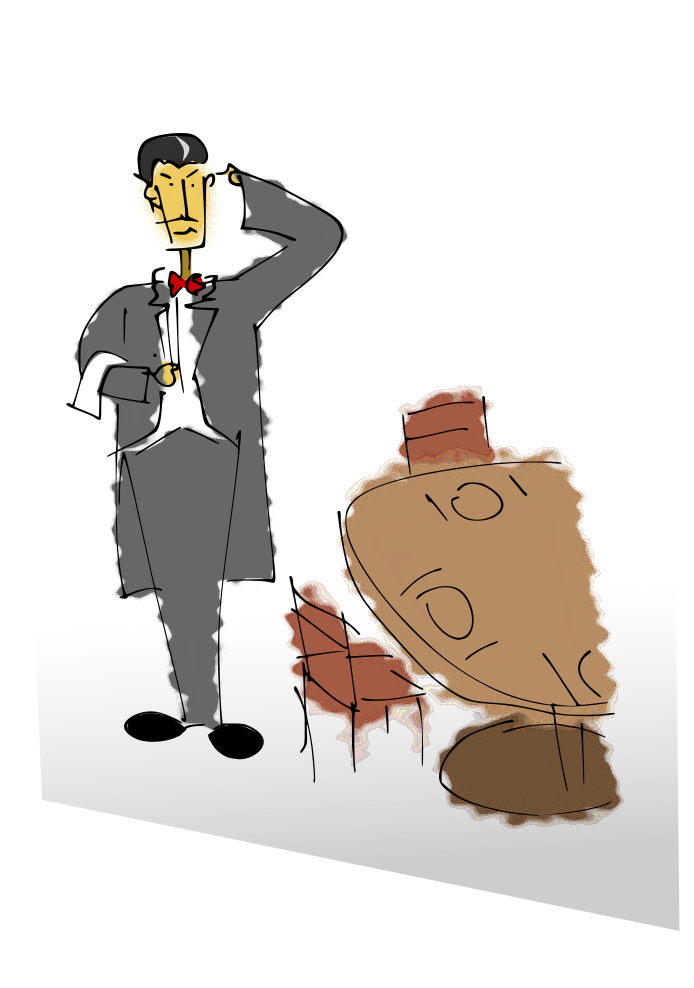 A drawing of a waiter looking confused