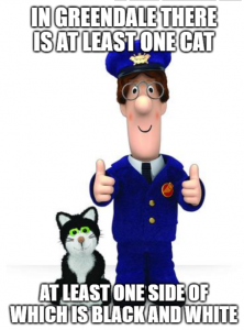 Postman Pat and Jess. Caption "In Greendale there is at least one cat at least one side of which is black and white"