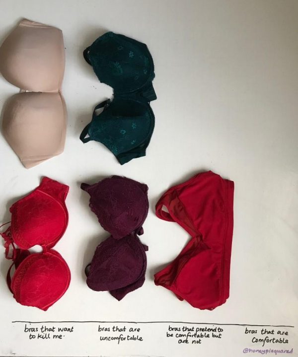 Some bras arranged in a bar graph pattern. "Bras that want to kill me" (2); "bras that are uncomfortable" (2); "bras that pretend to be comfortable but are not" (1); "bras that are comfortable" (0)