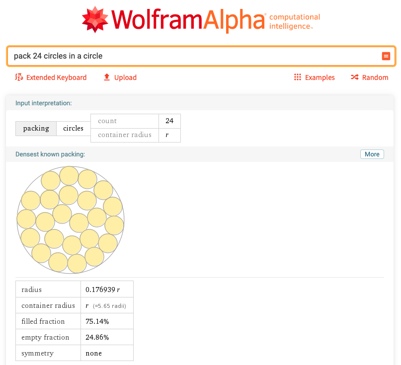 Screenshot of WolframAlpha output for 'pack 24 circles in a circle'