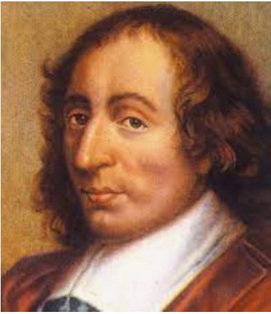 Painting of Blaise Pascal, a white man with long curly brown hair, and a white shirt with a large collar, wearing a red jacket and a blue cravat is just visible