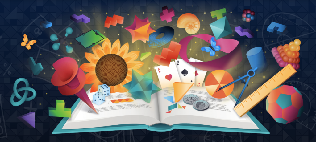 Mathigon website header, showing a book open with a large number of mathematical objects spilling out including a mobius band, sunflower, playing cards, various polyhedra and polyominoes, a ruler and compass and dice. The background looks like space.