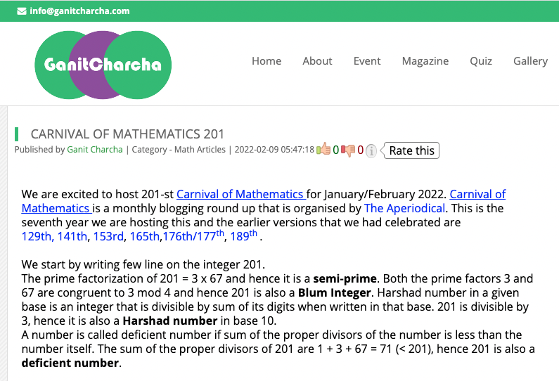 Screenshot of Ganit Charcha website showing Carnival of Maths 201