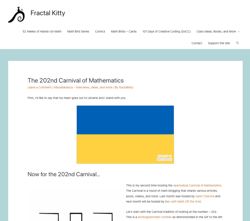 Screenshot of the 202nd Carnival of Mathematics, on the Fractal Kitty website