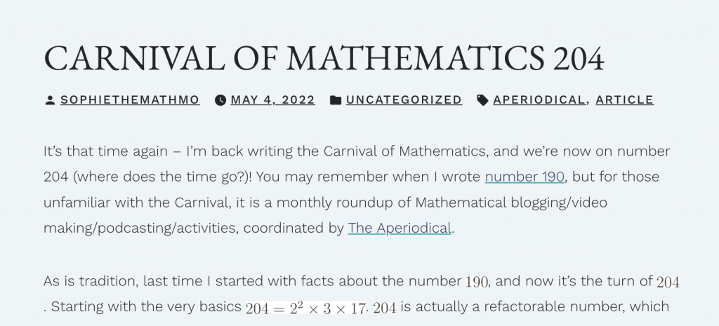Screenshot of Carnival of Maths 204