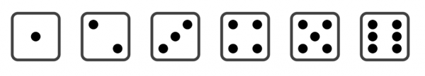 dice faces showing 1, 2, 3, 4, 5 and 6 dots.