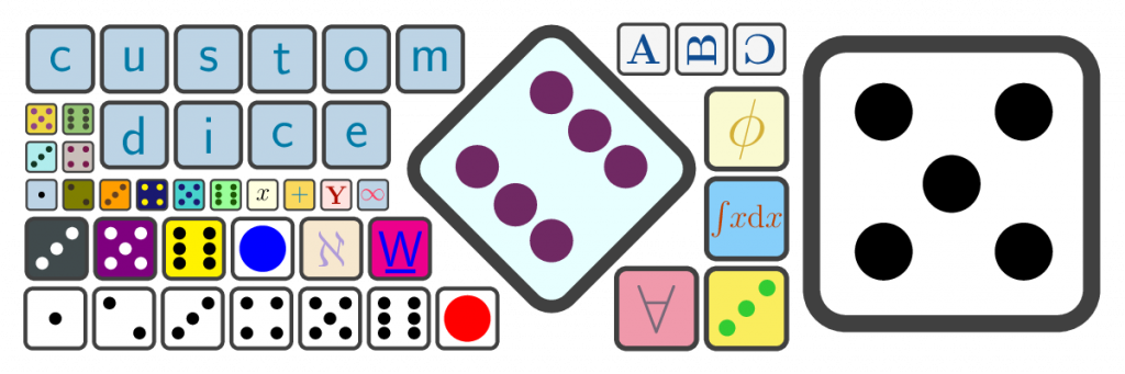 dice, regular ones and ones with different symbols on their faces, in multiple colours