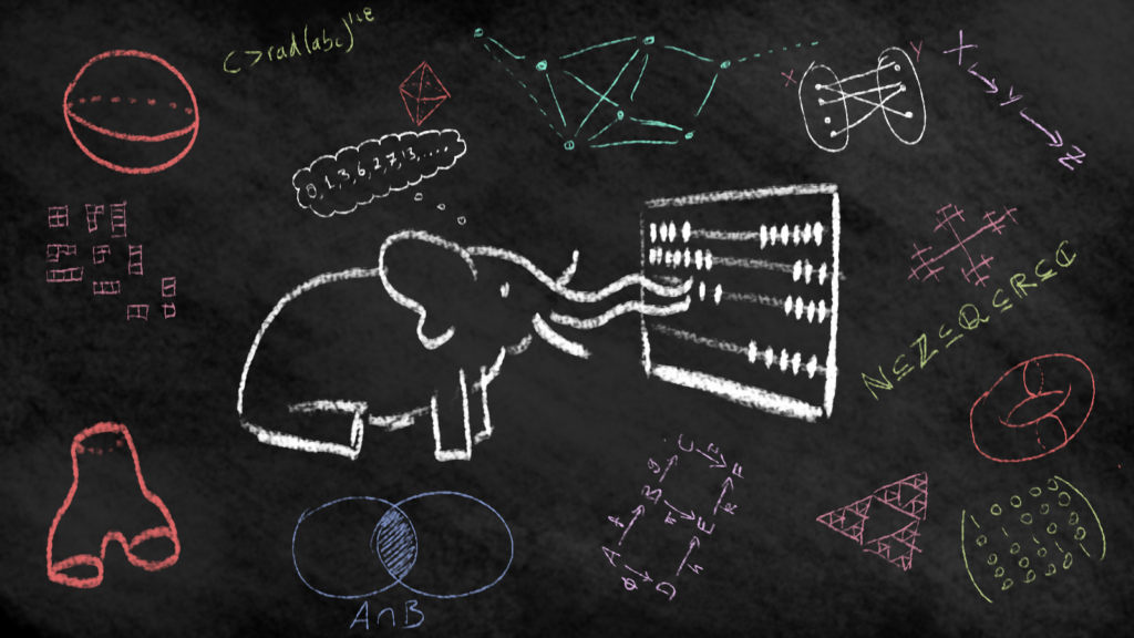 Image of a blackboard with a drawing of a mastodon using an abacus, surrounded by mathematical diagrams (Venn, Sierpinski triangle, matrix, torus, pair of pants, sphere, mapping, various fractals, graph, ominoes) in various colours of chalk