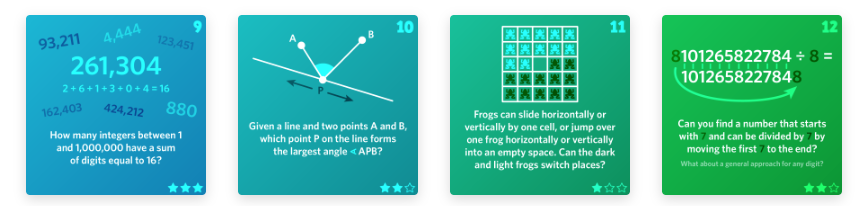 Screenshot of four puzzles from 9-12 December, including two number puzzles, a geometry question about angles and a game with jumping frogs.