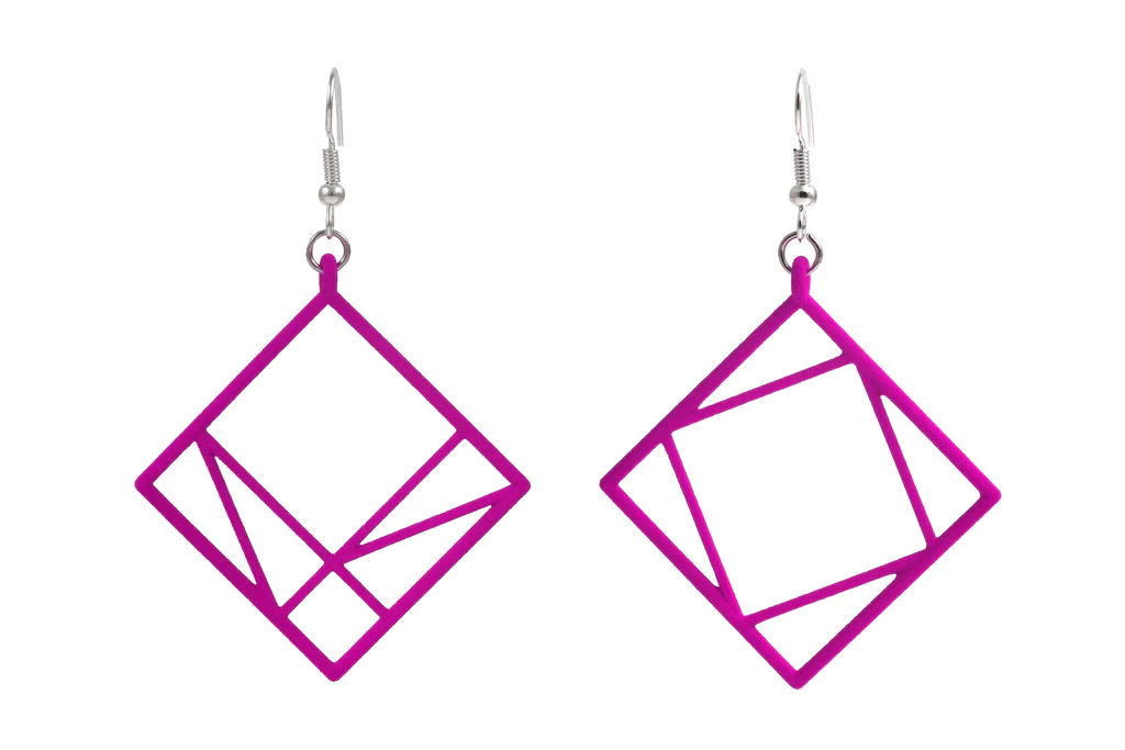 A photograph of a pair of earrings in 3D printed pink nylon, each of which is one of two diagrams illustrating Pythaogras' theorem by rearranging squares and triangles