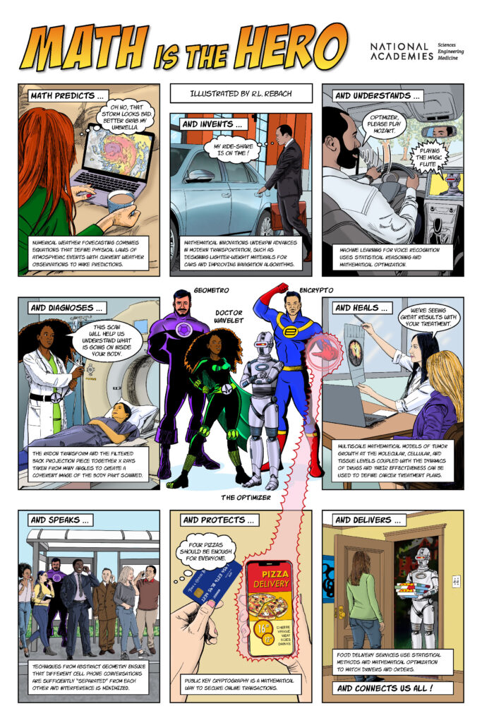 Comic strip style poster titled "Math is the Hero".