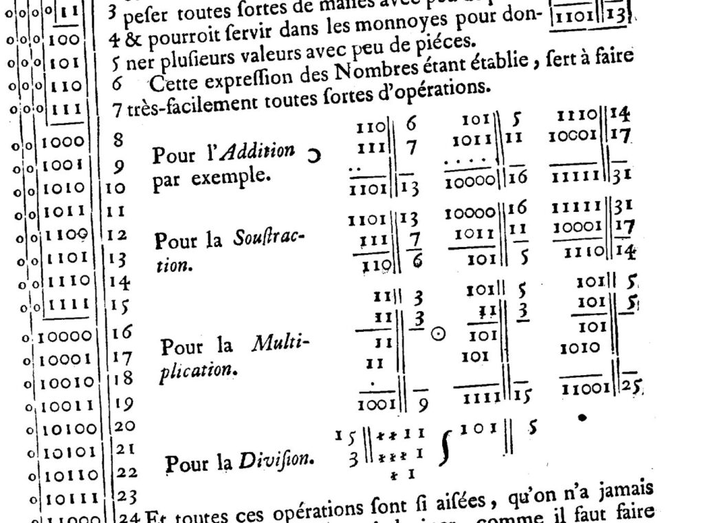 Scan of a page including 'Pour l'Addition par exemple', showing rows of binary calculations