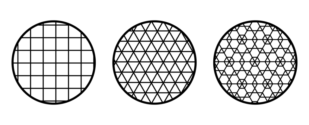 Tilings of the plane with squares, triangles, and a mix of triangles and hexagons.