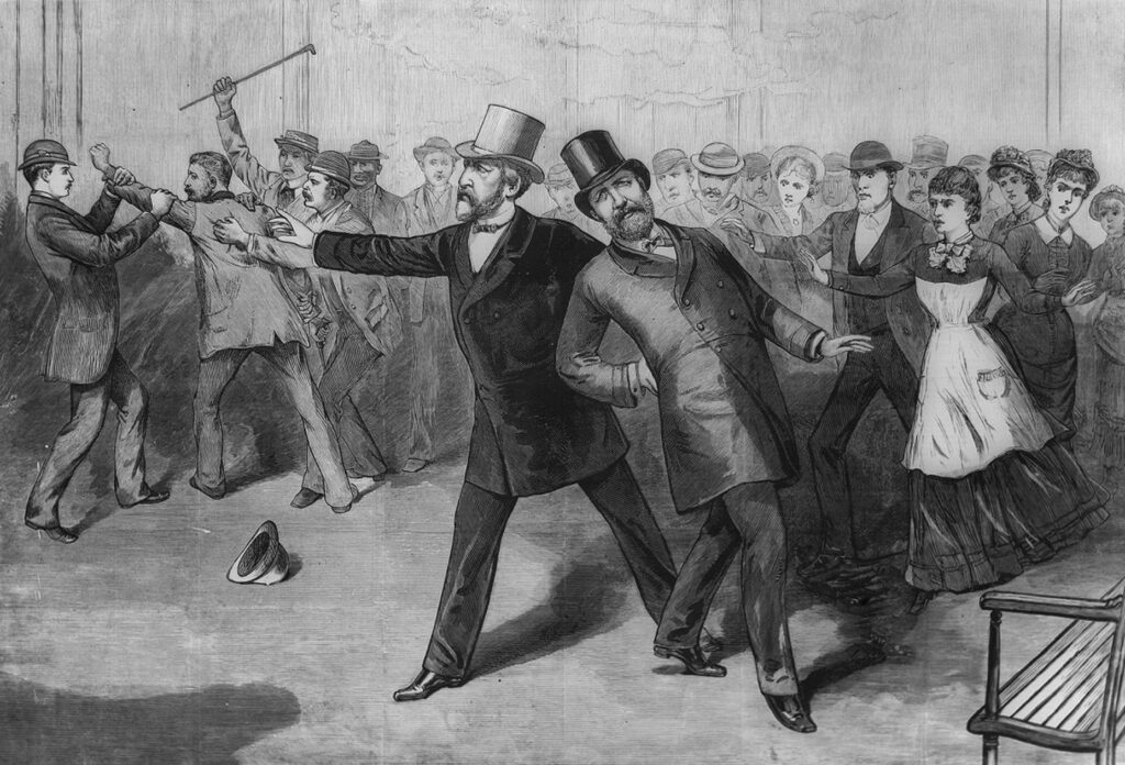 An engraving of the moment in a Washington railroad station when President Garfield is being shot.