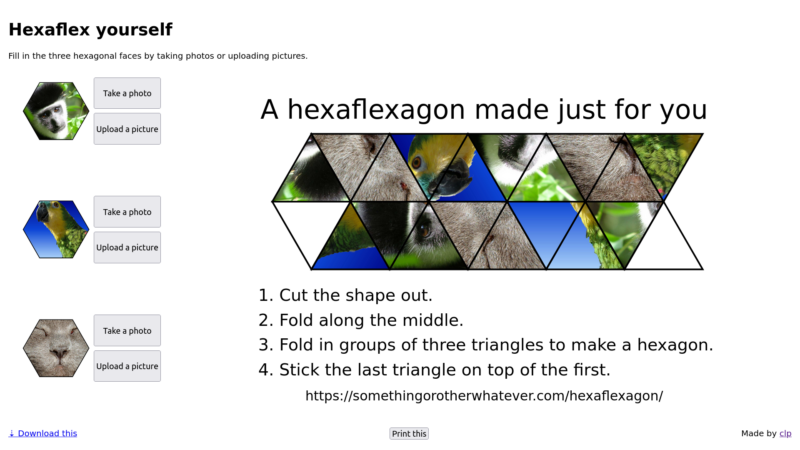 Screenshot of hexaflex yourself. On the left, three hexagons, filled with photos of animals. On the right, a template hexaflexagon whose triangles are filled with bits of the photos, and some instructions.