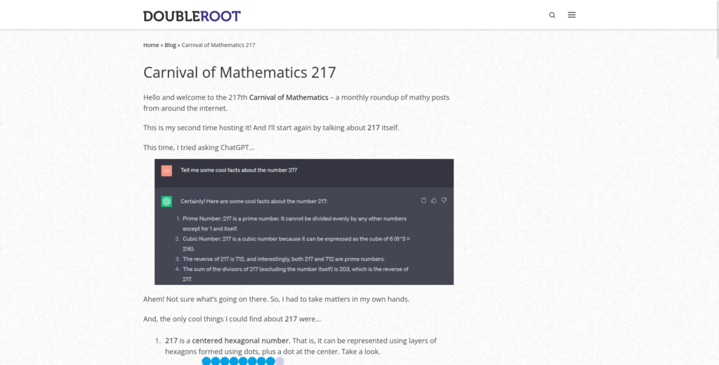 Screenshot of Carnival of Mathematics 217 at Double Root.
