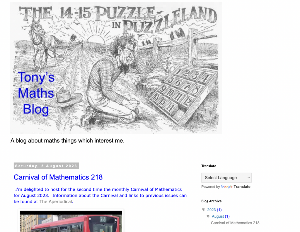 Screenshot of Tony's Maths Blog, showing the header which is a historical print of the 14-15 Puzzle in Puzzleland, and the first part of the Carnival 218 post