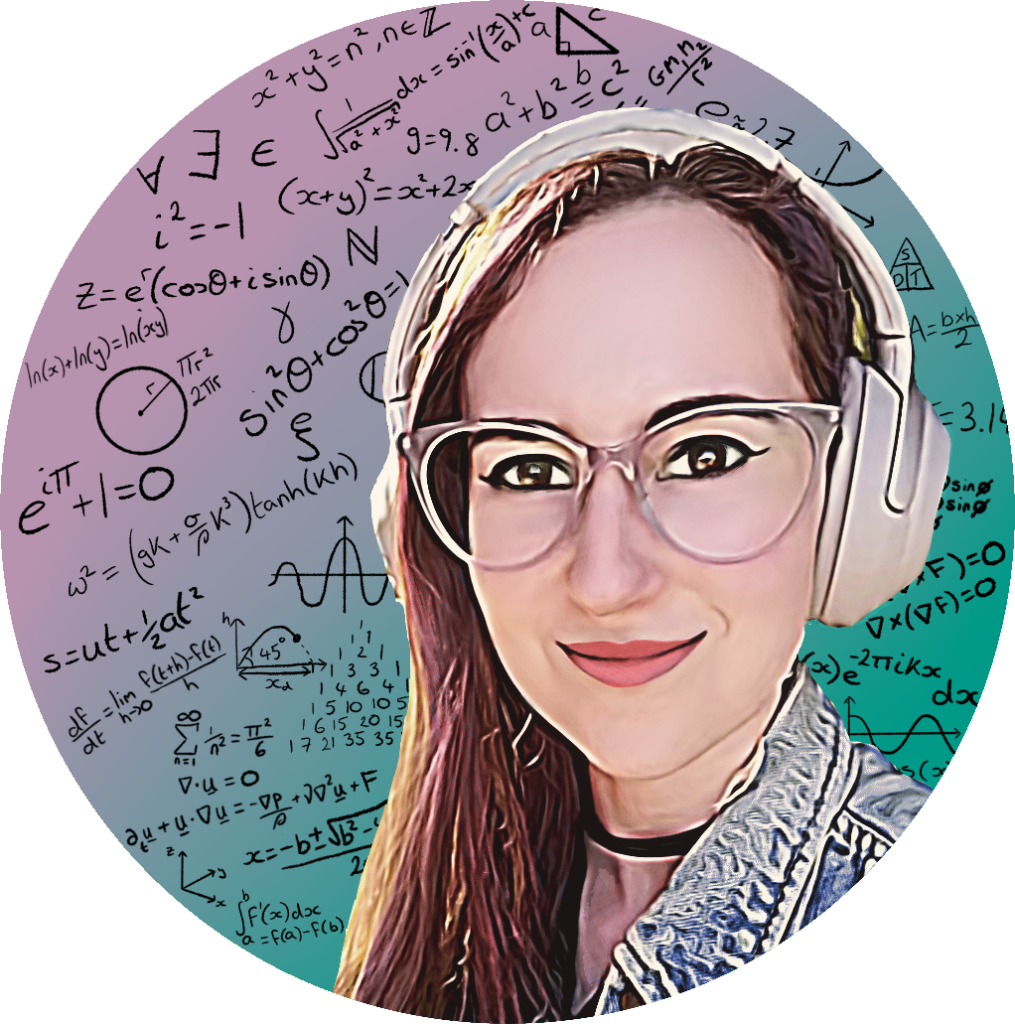 An image of Kat, a young white woman with long brown hair, wearing stylish glasses, a denim jacket and headphones, smiling into the camera in front of a background of mathematical equations and symbols on a green-purple fade