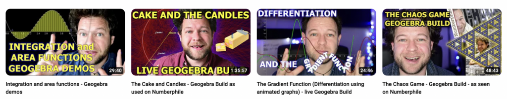 Screenshot showing several thumbnails of videos from Ben's channel, including Integration and area functions, The Cake and Candles puzzle, The Gradient Function and The Chaos Game