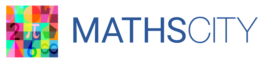 MathsCity logo, featuring the words MATHSCITY next to a colourful square filled with mathematical symbols and shapes