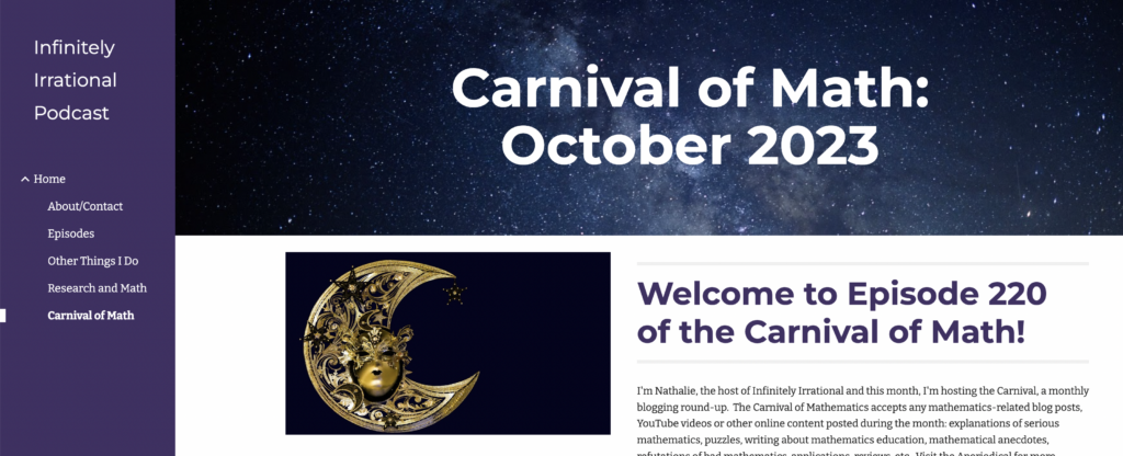 Screenshot of the Carnival on the Infinitely Irrational blog