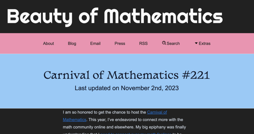Screenshot of the Carnival on Beauty of Mathematics blog