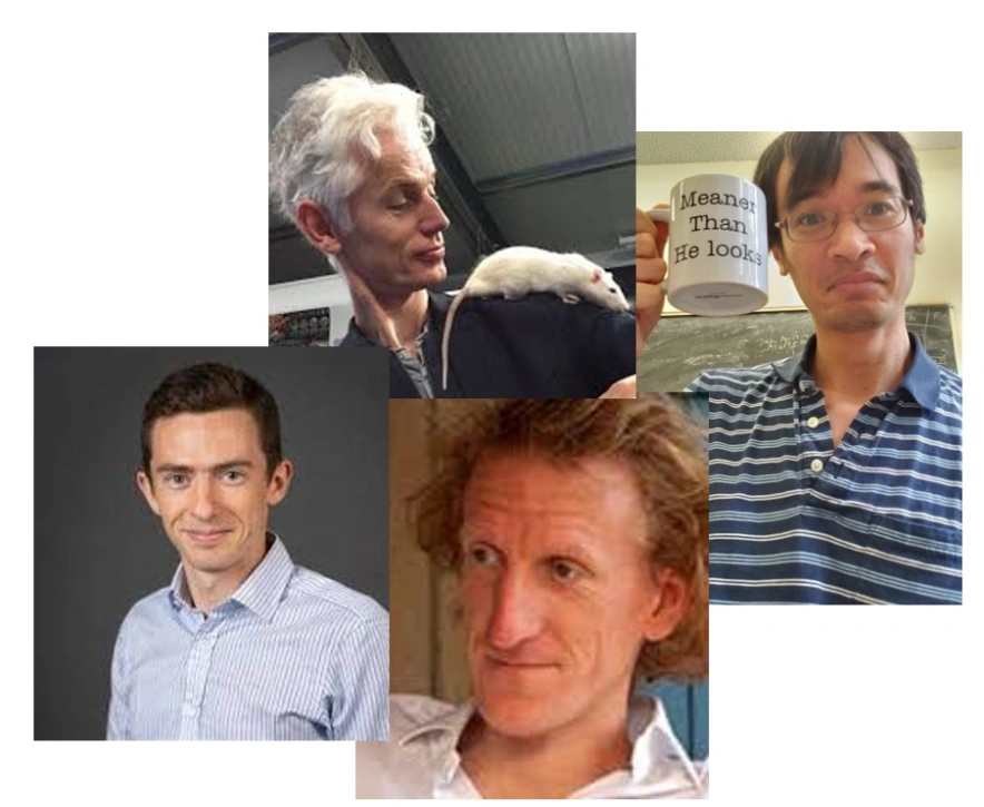 Photos of Tim Gowers with a mouse on his shoulder, Terence Tao with a mug that says 'Meaner than he looks', and Ben Green/Freddie Manners