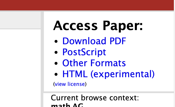 Screenshot of part of an arXiv page - under the heading 'Access Paper' the options are 'Download PDF', 'PostScript', 'Other Formats' and 'HTML (experimental)'