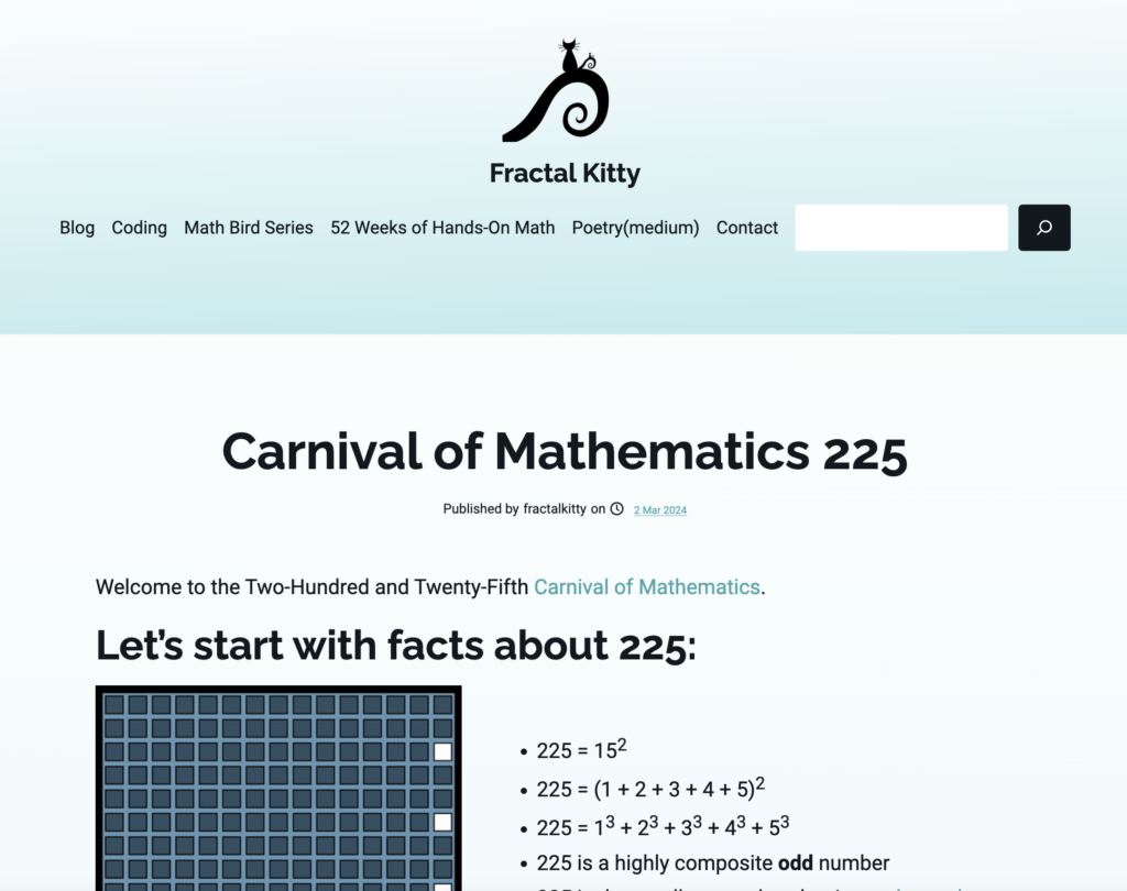 Screenshot of Carnival 225 on the Fractal Kitty blog
