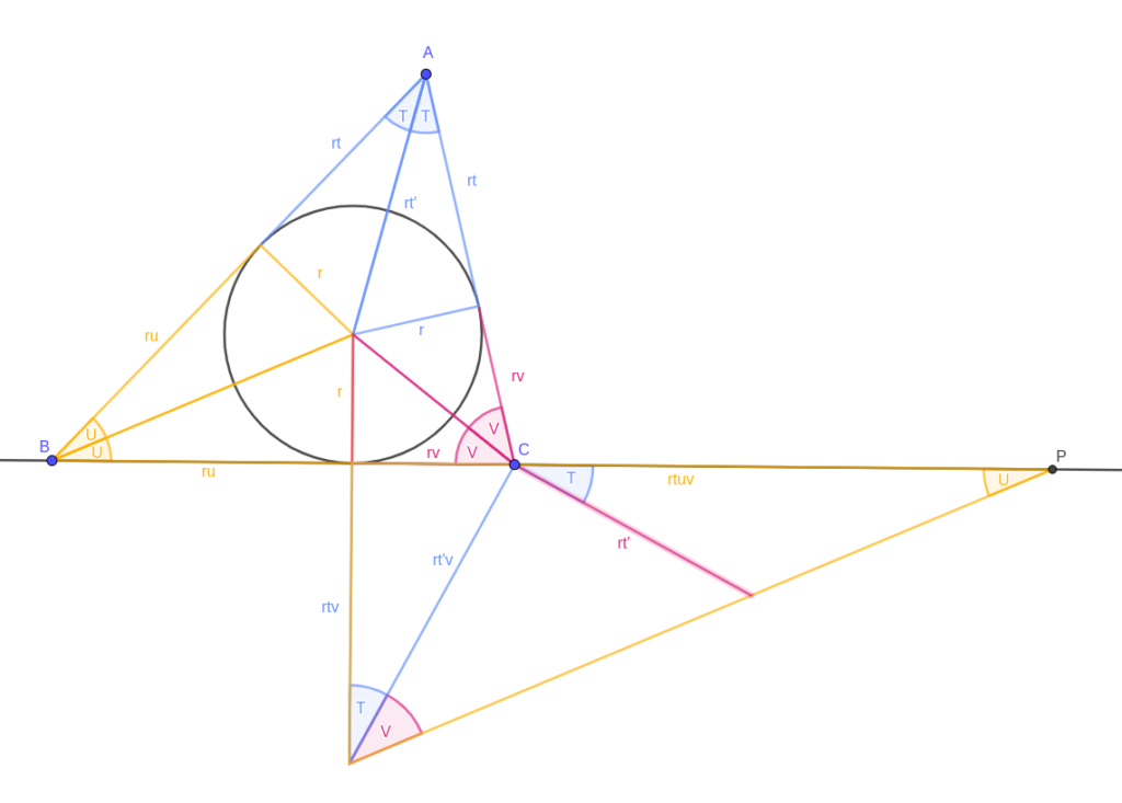 A line segment is drawn in pink perpendicular to the blue hypotenuse at C, meeting the yellow hypotenuse. Its length is rt', and the angle between it and the segment CP is marked T.