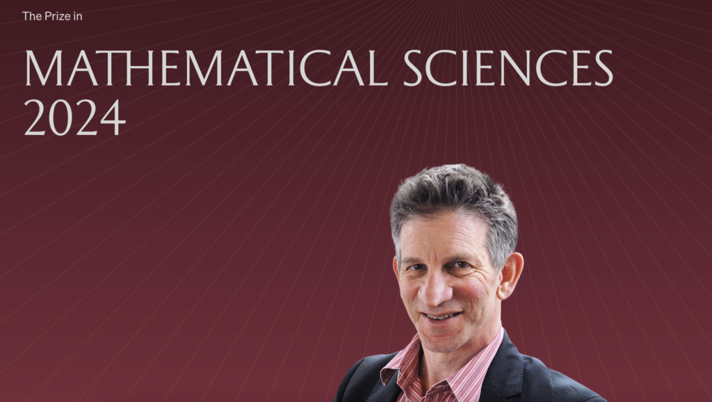 Screenshot of the Shaw Prize website, showing Peter Sarnak awkwardly photoshopped onto a flashy red background under the heading 'The Prize in Mathematical Sciences 2024'