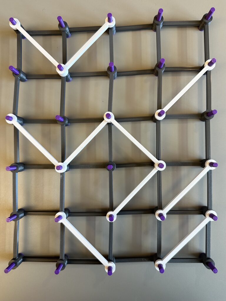 A square grid with ten white cross bracings in a different arrangement.