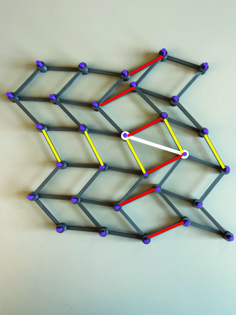 A distorted grid with one white cross bracing. The vertical bars in that row are yellow, the horizontal bars in that column are red, and the red and yellow bars are perpendicular.