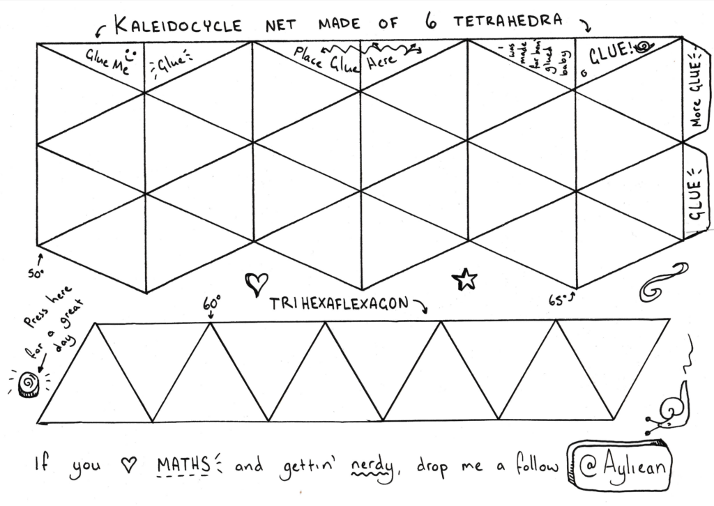 The nets of a kaleidocycle net made of 6 tetrahedra, and a trihexaflexagon.