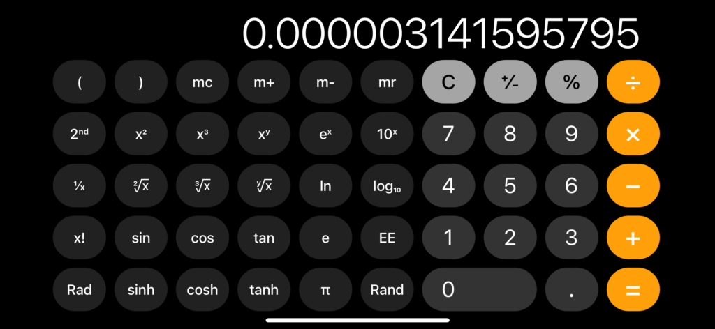 A calculator app showing 0.000003141595795.
