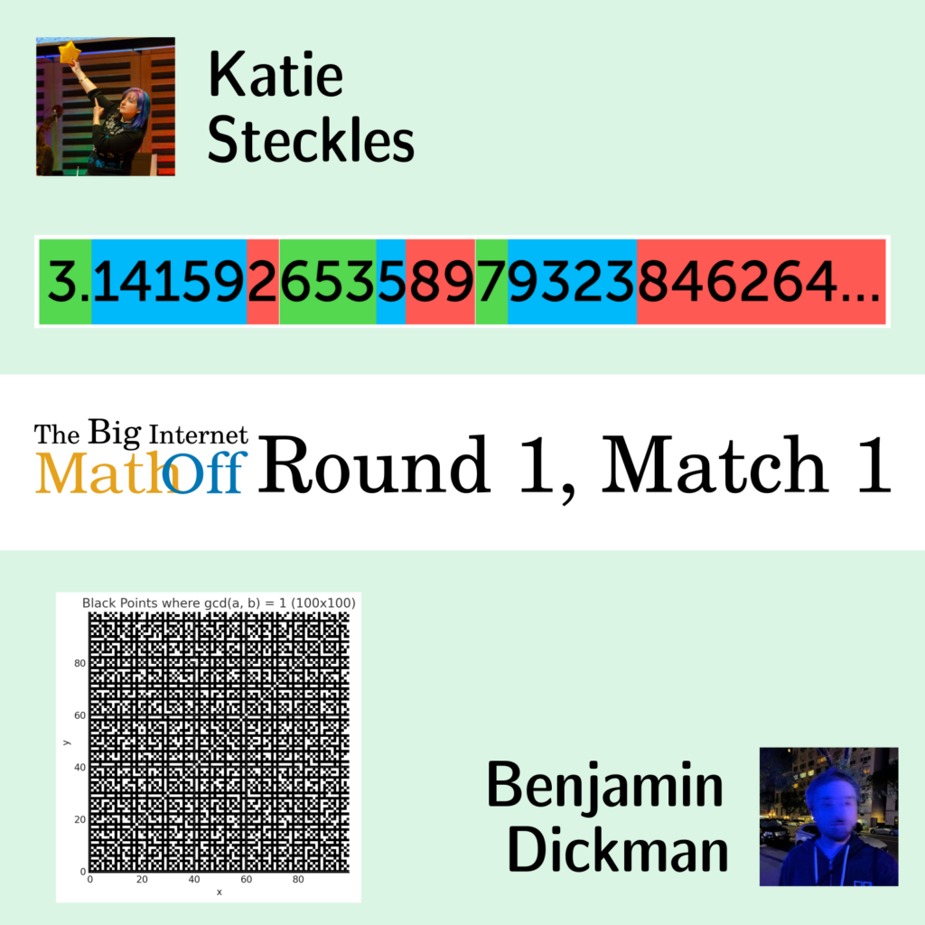 The Big Internet Math-Off Round 1, Match 1. Katie Steckles vs Benjamin Dickman