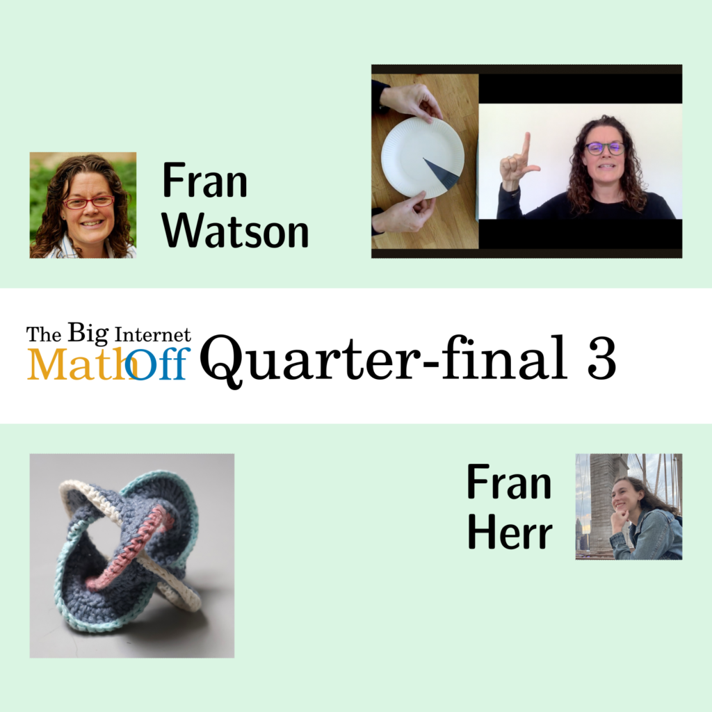The Big Internet Math-Off, Quarter-final 3. Fran Watson next to a papaer plate angle. Fran Herr next to a crocheted surface.