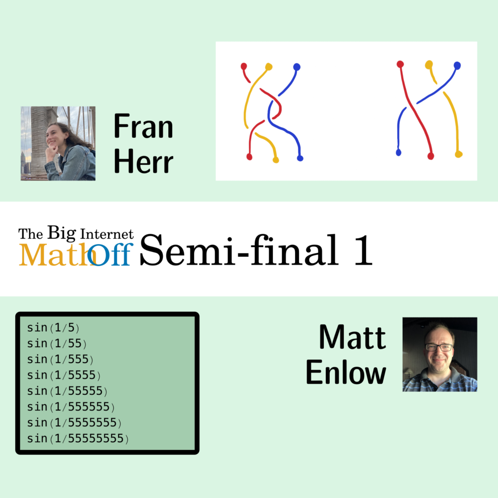 The Big Internet Math-Off 2024, semi-final 1. Fran Herr next to braid diagrams. Matt Enlow next to a calculator display.