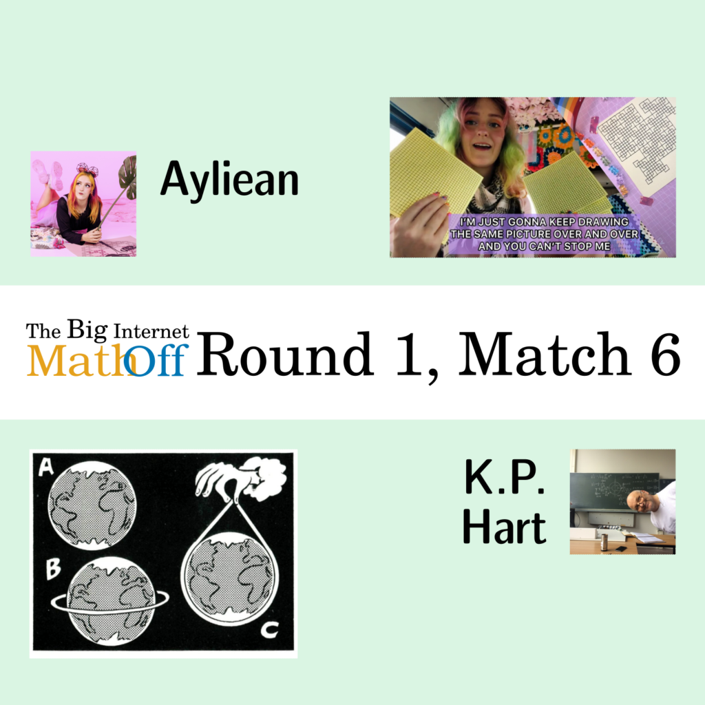 The Big Internet Math-Off, Round 1, Match 6. Ayliean holding some doodled pieces of paper. K.P. Hart next to drawings of a rope around the world.