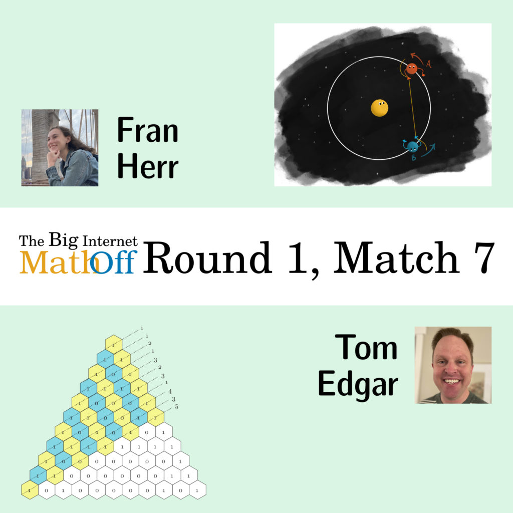 The Big Internet Math-Off, Round 1, Match 7. Fran Herr next to dancing planets. Tom Edgar next to Pascal's triangle with diagonal lines