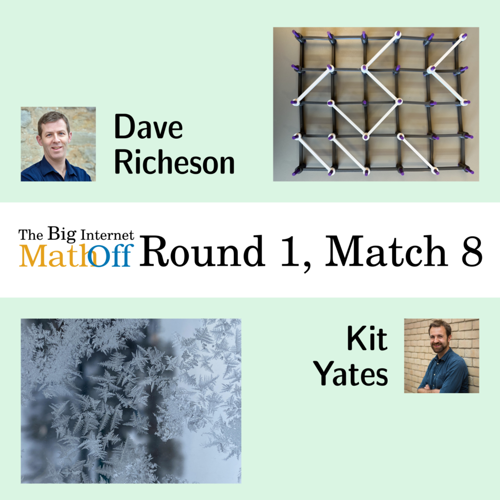 The Big Internet Math-Off, Round 1, Match 8. Dave Richeson next to a grid with diagonals across some cells. Kit Yates next to a frost pattern.
