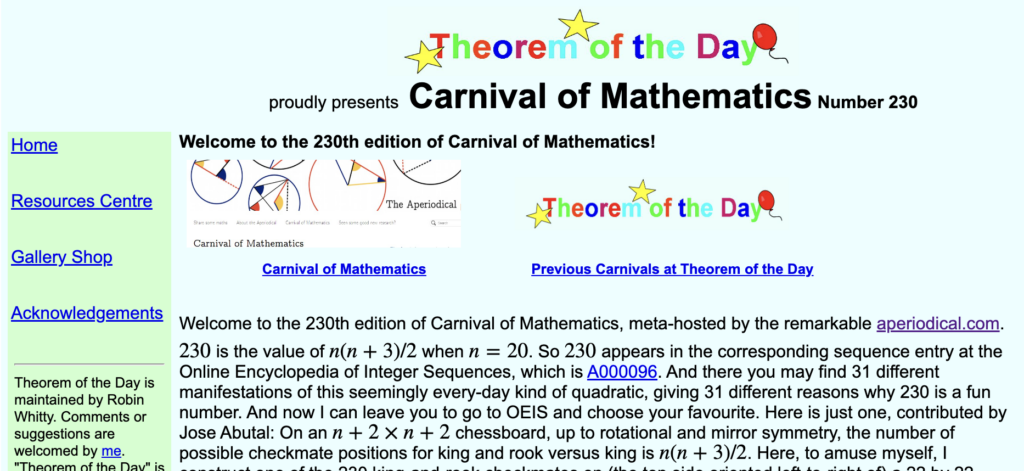 Screenshot of the Carnival on the Theorem of the Day website