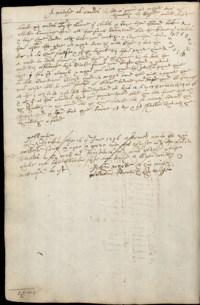 A handwritten diary page describing a card trick recorded by Philip Henslowe.