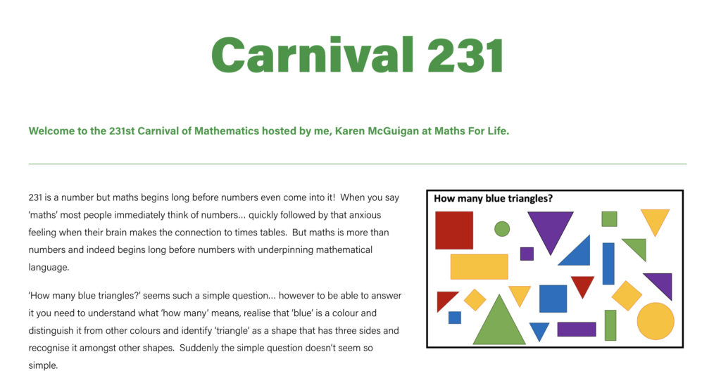 Screenshot of Carnival 231 on the Maths For Life website